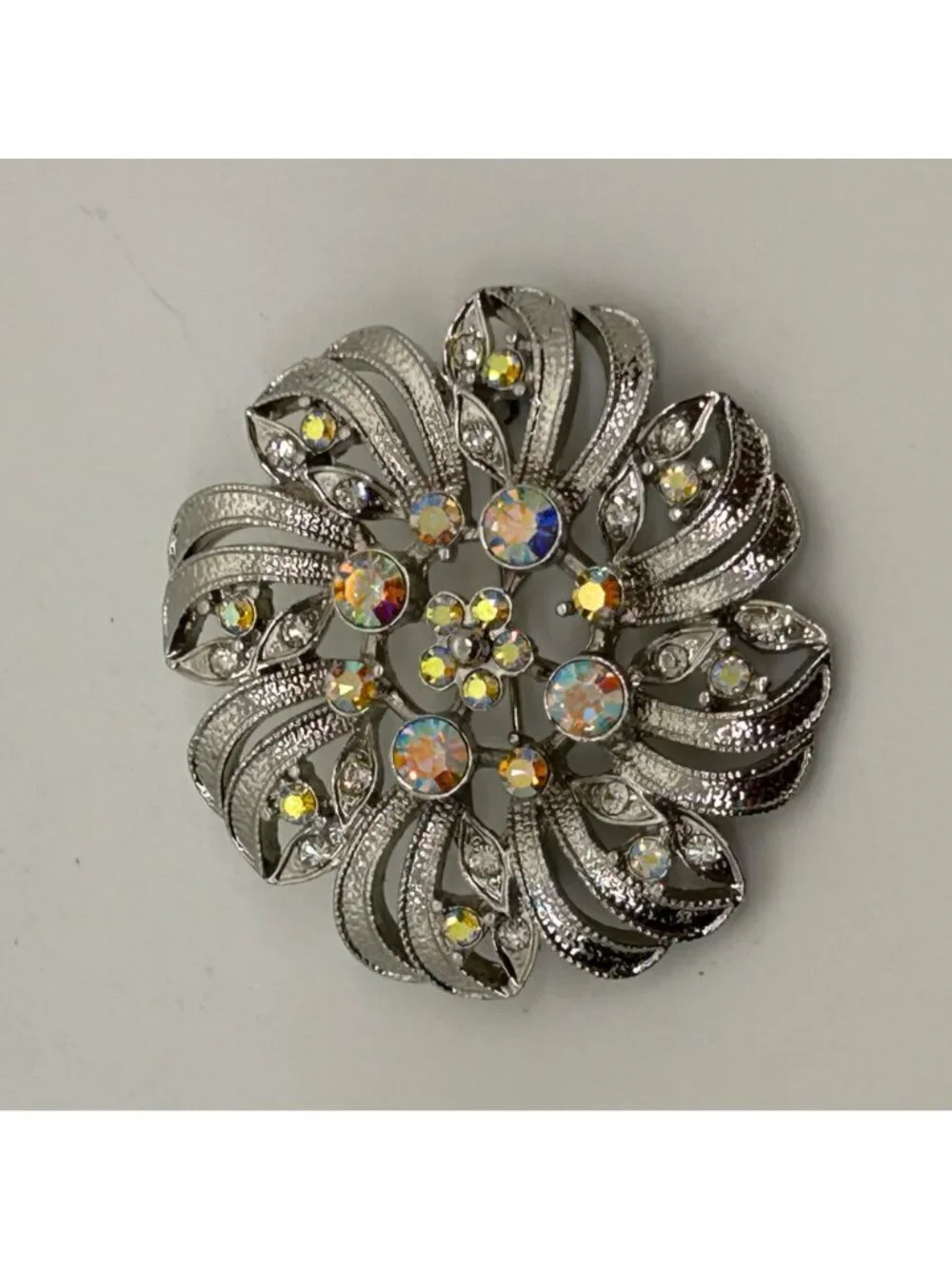 Vintage Aurora Borealis Brooch Rhinestone Silver-tone Pin Floral Starburst